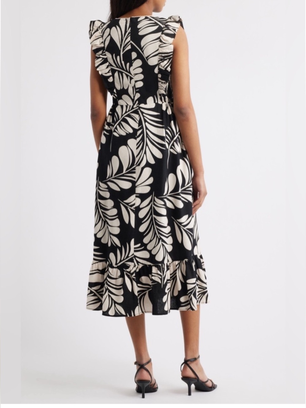 Anne Klein Black‎ Ivory Tropical Leaf Print Ruffle Trim Midi Dress NWT Size 16 - Picture 2 of 10